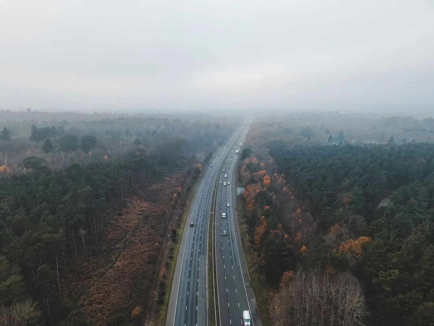 Coridor de autostradă prin pădure, văzut de sus într-o zi cu ceață
